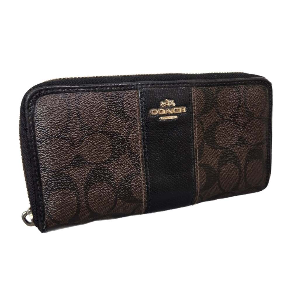 Coach Brown and Black Signature Zip Around Accordion Wallet